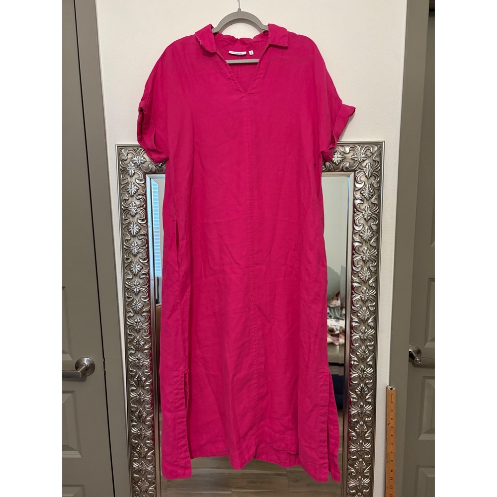 Chicos 100% Linen Maxi Shirt Dress Pink Short Sleeve V-Neck Pocket Medium gf